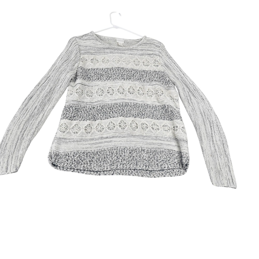 Chicos Women Size 2 Gray White Marled Knit Lace Stripe Metallic Sweater L/XL